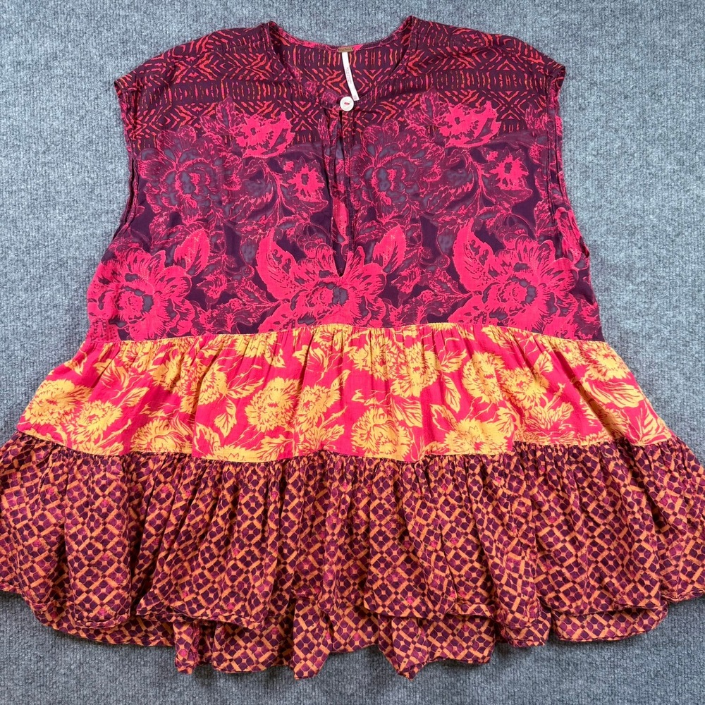 Free People Tunic Top Womens XS Pink Orange Floral Tiered Ruffle Sleeveless Boho